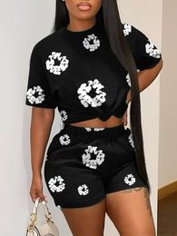 LW Round Neck Floral Print Shorts Set 2024 in Flower Short Sleeve Two -Piece broek Dagelijkse Matching Suit voor vrouwen 240429