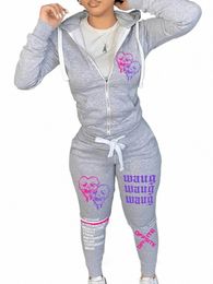 Lw Conjunto de dos piezas simple para mujer, informal, deportivo, con manga LG, diseño de cremallera, Top con capucha, cuello con estampado de corazón roto, conjunto de chándal para mujer 917x #