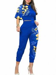 Lw Manga Crop TopHigh Cintura Estampado floral Pantalones Conjunto Fi Estampado tropical Dos piezas Pantalones Trajes Medio Ajuste regular Mujer 2pc w92R #