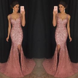 Prachtige Sparkly V-hals Mermaid Formal Pageant Jurken Lxuxy Crystal Beaded Prom Dress Major Beading Split Sweep Train Avondjurk