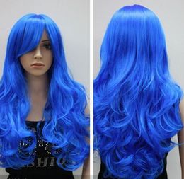 Ly cs goedkope verkoop dance party cosplayscharming stijlvolle blauwe lange golvende krullende vrouwen cosplay pruik