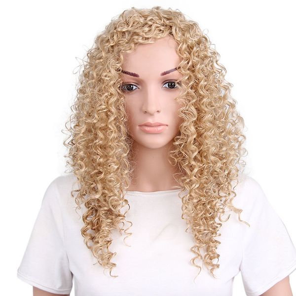 Ly CS venta barata fiesta de baile cosplaysWomen's Color dorado Afro rizado Peluca de pelo largo sintético No Bang traje de fiesta