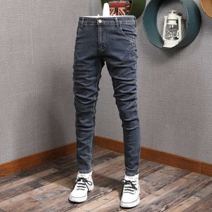 Ly designer mode mannen jeans retro blauwgrijs slim fit elastische casual denim potlood broek koreaanse stijl straatkleding broek