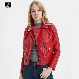 Ly varey lin herfst faux zachte lederen pu jas jas vrouwen zwart rood punk vrouw epaulet rits slank bovenkleding 210526