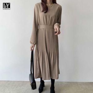 Ly varey lin otoño suelto vestido plisado vintage o cuello manga larga sólido ajuste alto cintura algada midi midi vestidos 210526