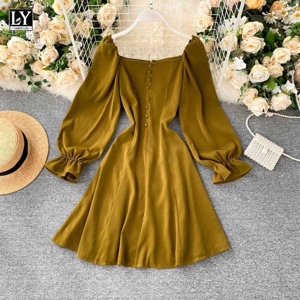 Ly Varey Lin Automne Robes Solides Femmes Vintage Col Carré Lanterne Manches Taille Haute Simple Boutonnage Slim 210526