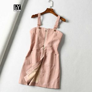 Ly varey lin herfst vrouwen sexy mouwloze lederen jurk zachte PU faux slanke retro zwart roze mini vestidos 210526