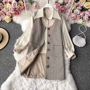 LY VAREY LIN Otoño Mujeres Turn-down Collar Camisa de un solo pecho Traje de estilo pijo + Conjunto de 2 piezas Dulce lindo Plaid Camis Dress 210526