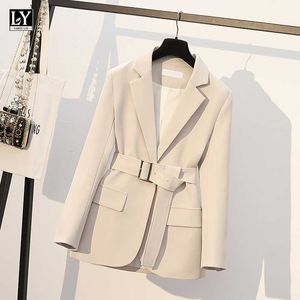 Ly varey lin lente herfst vrouwen elegante slanke blazer jas mode een knop effen kleur office dame pak jas met riem 210526