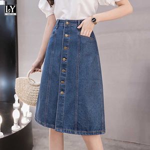 Ly Varey Lin Spring Summer Office Lady Button Mid Longueur Denim Jupes Casual Simple Boutonnage A-Line Taille haute 210526