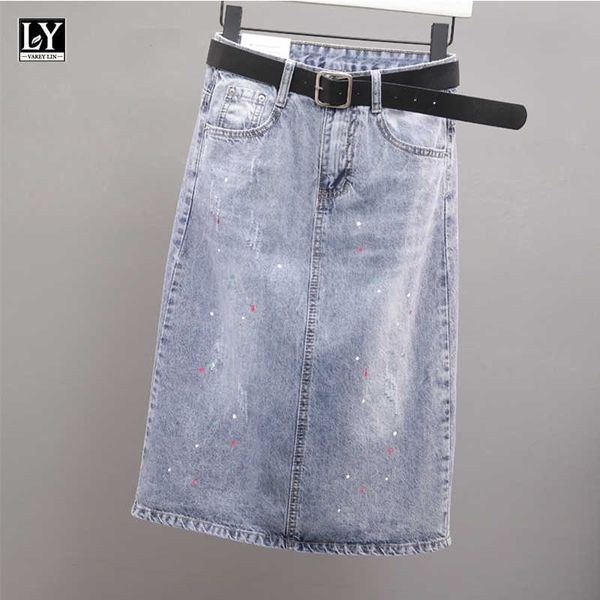 LY VAREY LIN printemps été femmes mi-longueur Denim jupes avec ceinture Vintage lâche a-ligne bleu clair Cowboy 210526