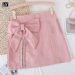 Ly Varey Lin Zomer Casual Vrouw Solid Color White Black A-Line Short Skirts Women Sweet Bow High Taille Mini 210526