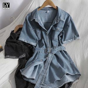 Ly varey lin zomer kantoor dame casual single breasted hoge taille shirt denim jurk mode effen kleur vrouwen jurken 210526