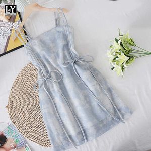 LY VAREY LIN Verano Mujeres Sexy Party Slim Flimsy Bow Mini Vestidos Casual Tie-dyed High Waist Short Suspender Dress Mujer 210526