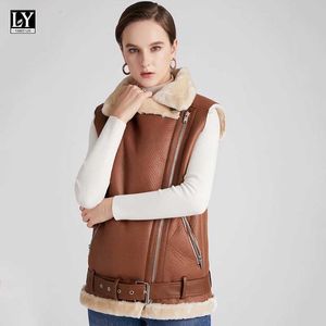 LY VAREY LIN Hiver Femmes Fermeture Éclair Col Rabattu Solide Taille Réglable Faux Cuir Veste De Fourrure Punk Style Lady Gilets Manteau 210526