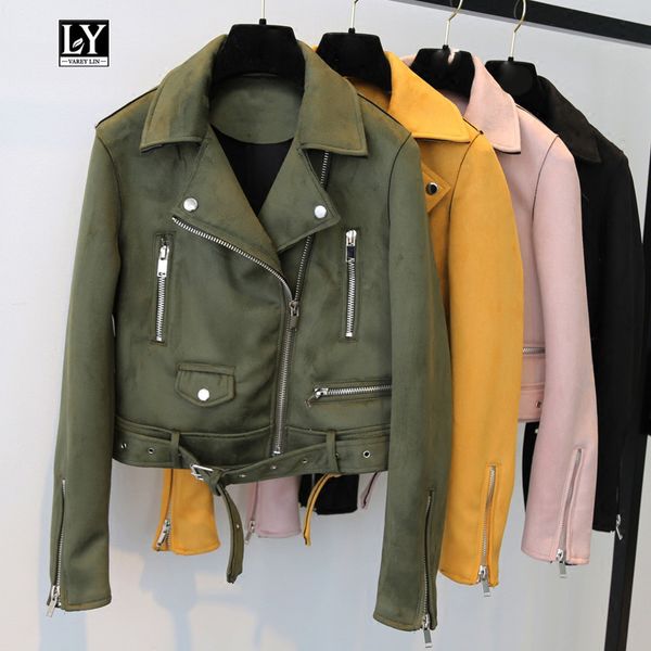 Ly Varey Lin Femmes Soft Sude Cuir Moto Jacket Moto-Down Collier Manteaux Courts Courts Black Rose Armée Vert Punk Punk Vêtements de dessus LJ201012