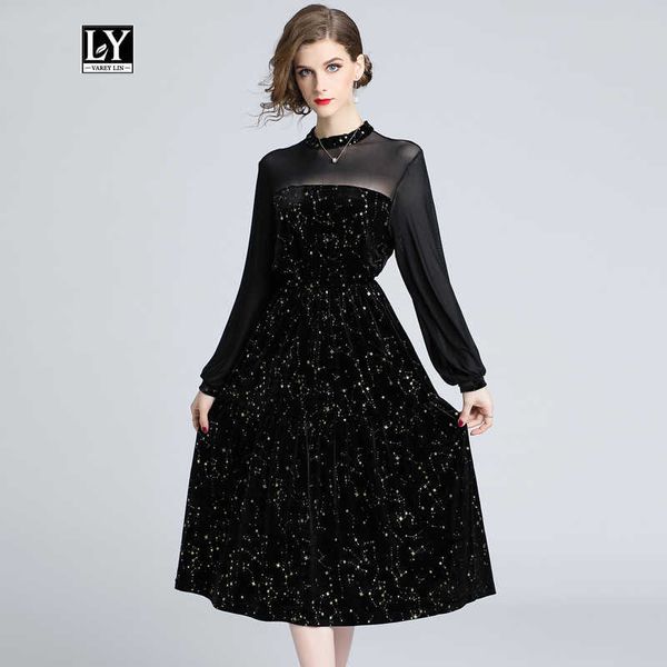 Ly Varey Lin Femmes Vintage Velours Longue Robe Élégante O Cou Lanterne Manches Noir Parti Tulle Patchwork Slim Rétro Robes 210526