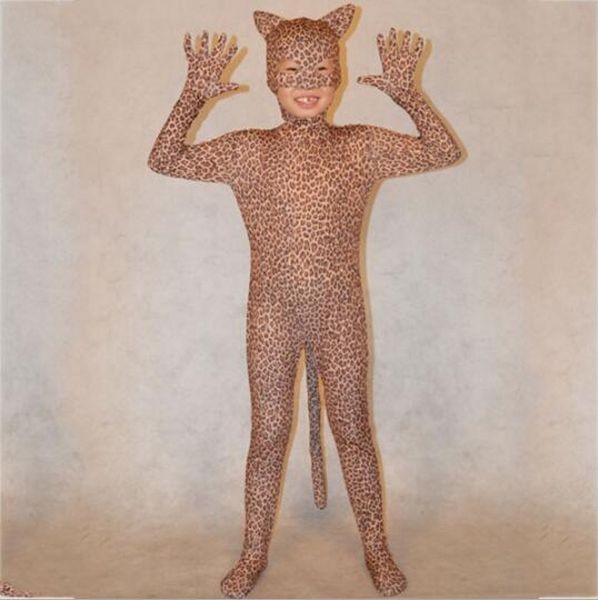 Lycar Spandex enfants Catsuit Costumes Costume Léopard Animal Zentai Full Body Cosplay combinaison yeux ouverts avec oreilles et queue