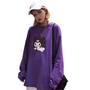 Lychee Trendy Cartoon Demon Print Purple Femmes T-shirt à manches longues O-Cou Femme T-shirt Casual Loose Tee Top 210330