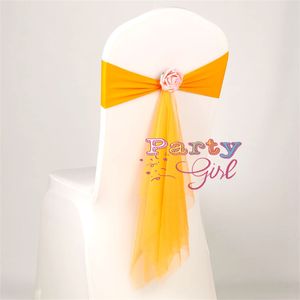 Lycra -stoelband met Organza Sash Ball Flower For Wedding Chair Cover Event Party Hotel Decoratie