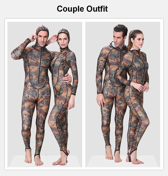 Lycra Men Wets Coussin de maillot de bain un morceau de maillot de bain Camo Imprime à manches longues Spearfishing Plongée avec des combinaisons de surf anti-UV à capuche