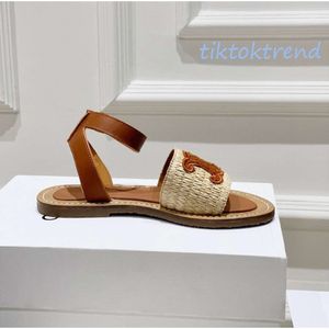 Lympia platte slides Raffia sandalen Triomphe verfraaid Enkelbandje open tenen luxe ontwerper voor dames vakantieflats gladiator sandaal fabrieksschoenen maat 35-42