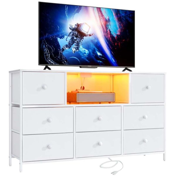 Lyncohome White Pusinets et lumières à LED, commode TV Sost 8 tiroirs, tissu coffre de tiroirs avec finition PU pour chambre, salon, entrée