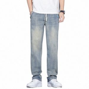 Lyocell Stof Heren Jeans Zomer Zachte Dunne Losse Rechte Broek Trekkoord Elastische Taille Korea Casual Man Baggy Jeans Plus maat 12dV #