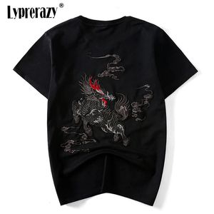 Lyprerazy estilo chino dragón Kirin bordado camisetas camisas moda streetwear hip hop pantalón corto casual manga camisetas para hombre 240315