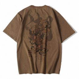 Lyprerazy Chinois Vintage Mkey King Broderie T-shirt Hommes Tshirt Hommes Streetwear T-Shirt Hip Hop 4XL Vêtements Marron Cott n11D #