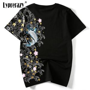 Lyprerazy rétro japon broderie t-shirt koi poisson imprimé tops blancs tees été harajuku hommes hip hop tshirt streetwear tshirt 240426