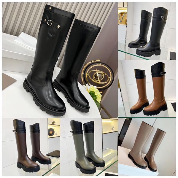 Lyra Boot Designer Femmes En Cuir De Veau Encombrant Haute Martin Boot Noir Vélo Plate-Forme Chaussures Bottes De Combat Hiver Daim Chaîne Boucle De Luxe Moto Genou Bottillons