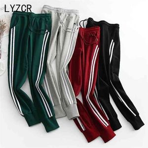 LYZCR Casual Haren Pantalons Femmes Printemps Stiped Pantalon de survêtement pour pantalon crayon de taille haute avec rayures 210915