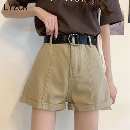 Lyzcr Wide Leg Denim Shorts pour femmes Summer High Taille Jeans Casual Loose's Jean White Kahki 210719