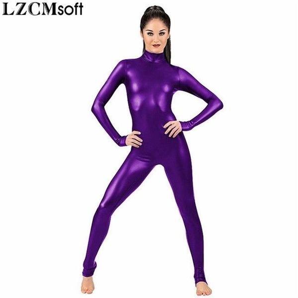 LZCMsoft Femmes À Manches Longues Unitards Métalliques Adultes Brillant Complet Ballet Gymnastique Catsuits Dancewear Spandex Unitards Stage Show303v