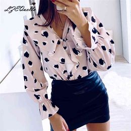 Lzequella herfst mode knop omhoog bloemen print shirt vintage blouse vrouwen dame ruches lange mouwen vrouwelijke losse straat shirts 210719