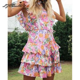 Lzequella vrouwen o nek hoge taille bloemenprint ruches cake jurk zomervakantie strand boho geplooid backless jurken nz3616 g220510