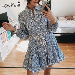 LZEQUELLA Dames Print Hoge Taille Mini Shirt Jurken Lange Mouw Knoppen Riem Jurken Vintage Zomer Vrouwelijke Vestidos Jurken X0521