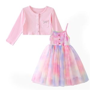 LZH Vestido para niños 2022 Vestidos para niños de verano para niñas Cardigan casual + Vestido de princesa Conjuntos de ropa para niñas pequeñas 2 3 4 5 6 años 211106