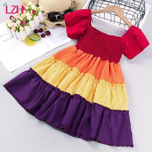 Lzh Vestidos ligeros de verano Rayas del arco iris Vestido de princesa para ropa para niños Niñas 2-6 años Vestido de manga corta para niños pequeños Q0716