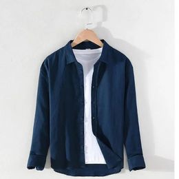 M-3XL Primavera y verano Cuello alto Color liso Manga larga Vintage Mens Streetwear Camisas de lino de un solo pecho 240320