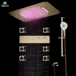 M Boenn Sistema de ducha dorado Moder Baño inteligente Cabezal de ducha tipo lluvia de lujo repleto para duchas Juego de grifos Nuevo controlador mezclador termostático con botón pulsador incorporado en la pared