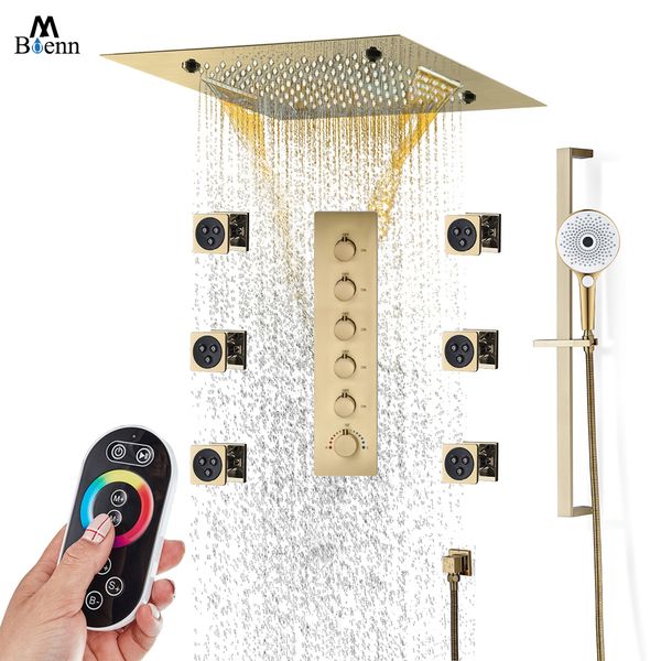 M Boenn Sistemas de ducha de lujo de oro cepillado Juego de grifos de ducha termostáticos para baño Música integrada LED Cabezales de ducha de 20 pulgadas con accesorios de chorro corporal de 2 pulgadas