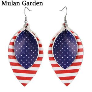 MG Nieuwe Mode Duitse Amerikaanse Vlag PU Lederen Oorbellen Dubbellagen Blad Water Drop Oorbellen Sieraden Dames Accessoires Geschenken Q0709