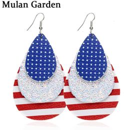 MG Nouveau Glitter Trois Couches Drapeau Américain Pu Boucles D'oreilles En Cuir Feuille Goutte D'eau Mode Boucles D'oreilles Bijoux Femmes Accessoires Cadeau Q0709