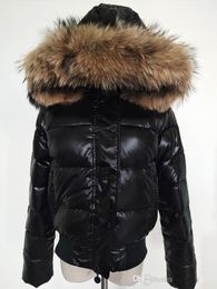 Chaqueta de plumón para mujer M, parkas cortas engrosadas, 100% cuello de piel de mapache real, capucha, abrigo de plumón, Color negro/rojo