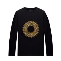 T-shirt à manches longues noir printemps automne avec motifs strass pour hommes femmes - hauts à col rond chemises streetwear plusieurs modèles/tailles