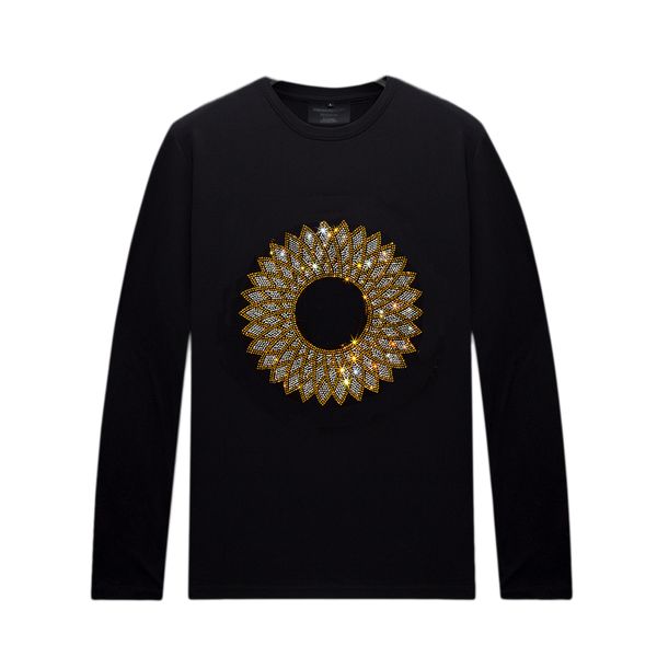 T-shirt à manches longues noir printemps automne avec motifs strass pour hommes femmes - hauts à col rond chemises streetwear plusieurs modèles/tailles