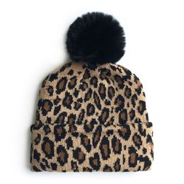 M0281 Autumn Winter Skull Caps Kids volwassen dames luipaard gebreide hoed faux bont ball dame warme muts hoed