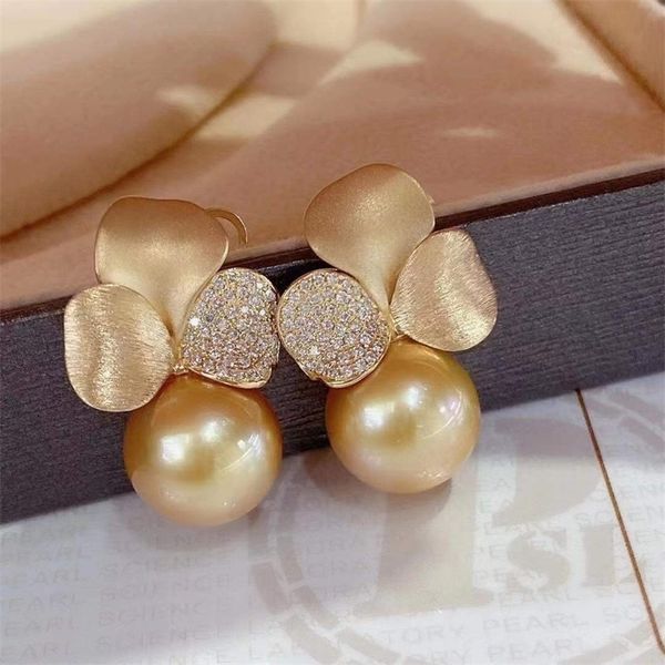 Pendientes M127 de plata de ley 925 sólida redonda de 9-10mm con perlas doradas de agua dulce para mujer, regalos de cumpleaños finos